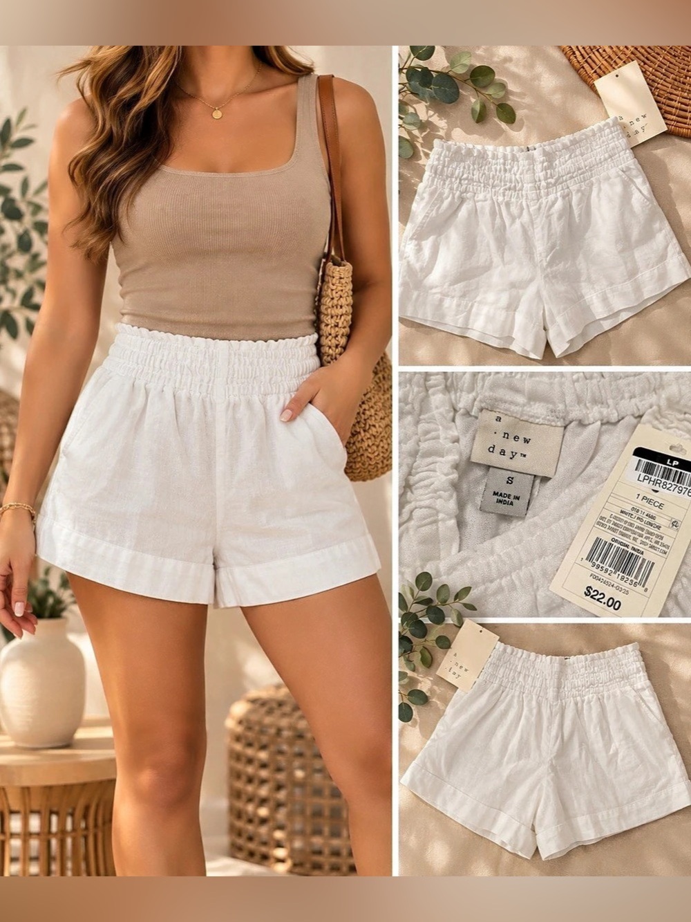New Day Linen High Waist Shorts in White Size Small NWT